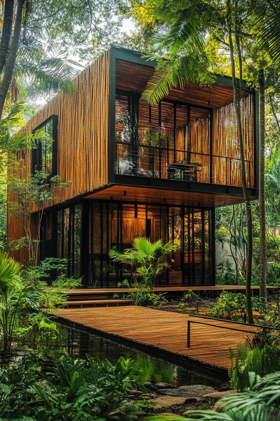 modern forest house bamboo facade in tropical forest