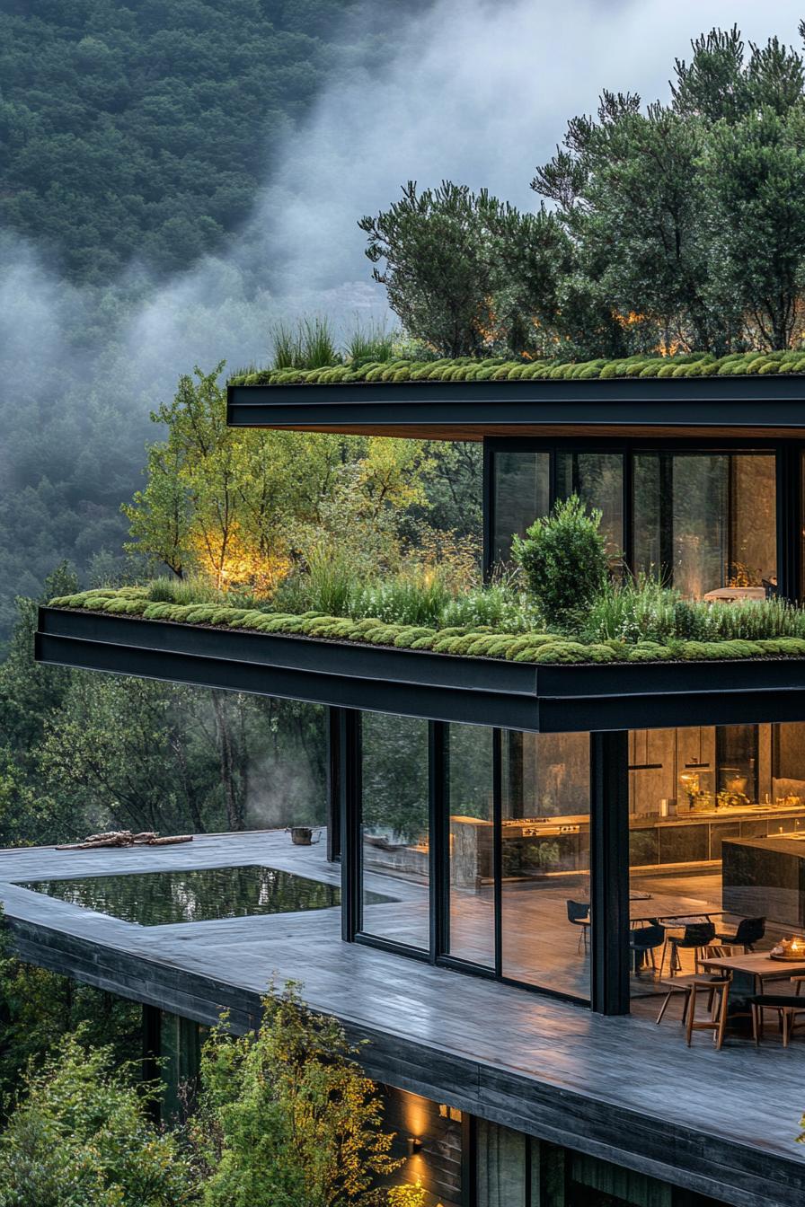 modern forest lodge with pitched green living roof large porch overlooking stunning mountain forest on a misty early morning 1