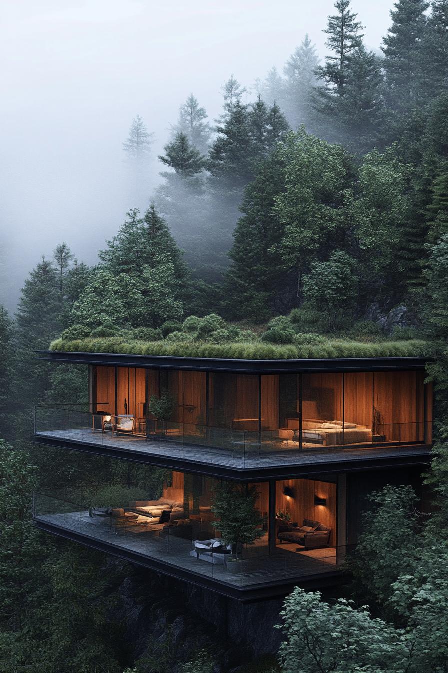 modern forest lodge with pitched green living roof large porch overlooking stunning mountain forest on a misty early morning 2