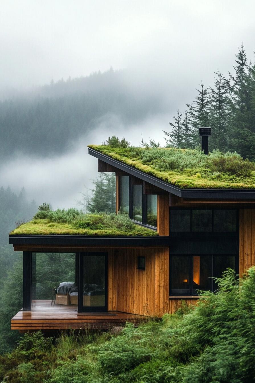 modern forest lodge with pitched green living roof large porch overlooking stunning mountain forest on a misty early morning 3