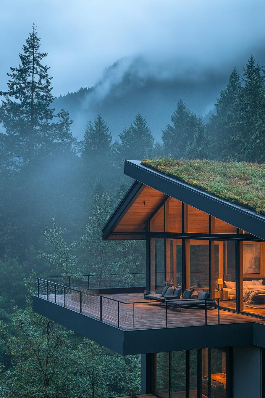 modern forest lodge with pitched green living roof large porch overlooking stunning mountain forest on a misty early morning