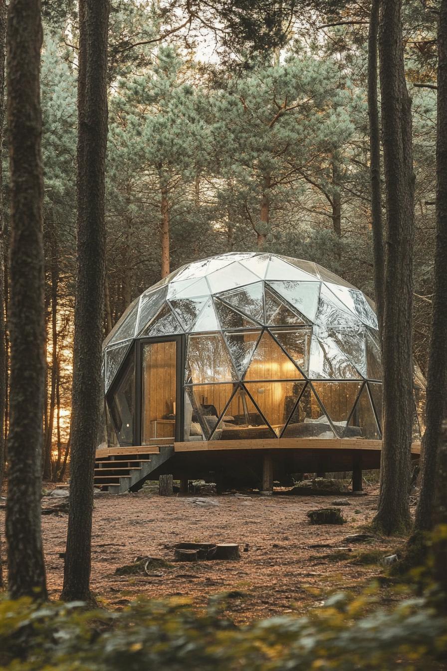 modern glass dome geodesic cabin in a forest