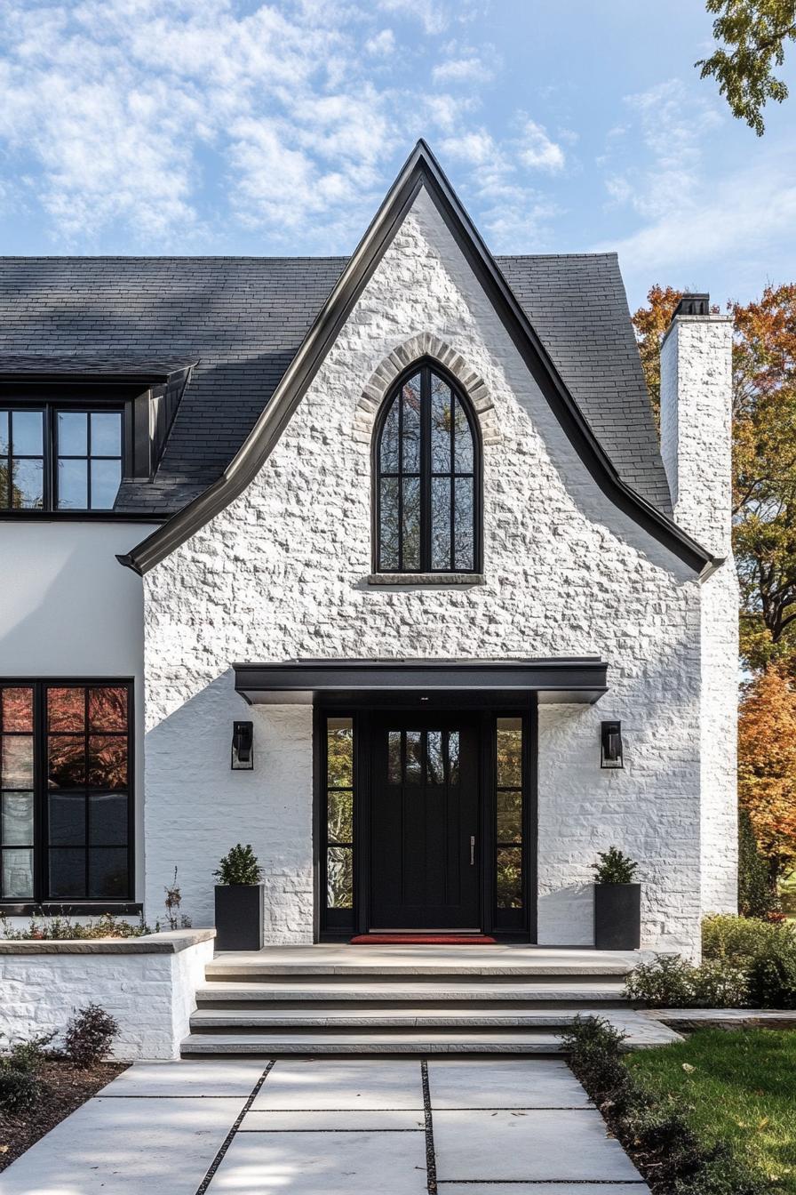 modern gothic style cottage facade with bold deep color front door 1