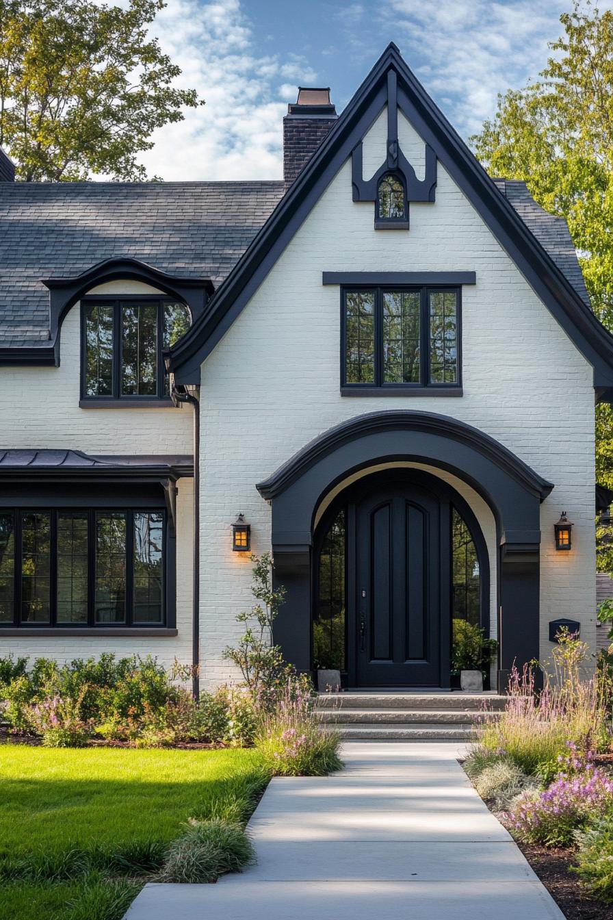 modern gothic style cottage facade with bold deep color front door 3