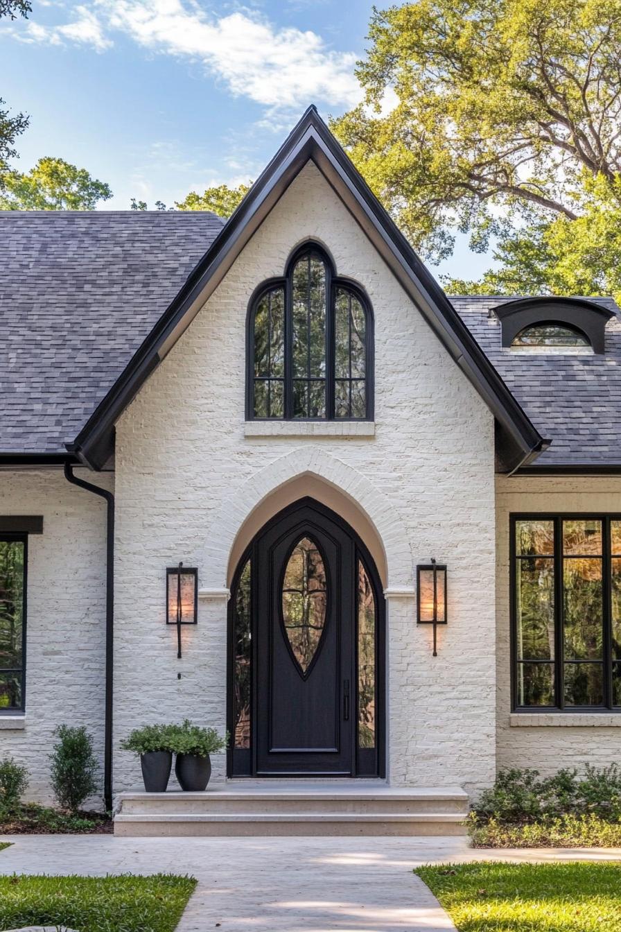 modern gothic style cottage facade with bold deep color front door