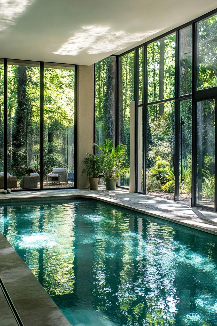 modern home indoor pool with glass walls and door and the pool extending to the outside lush garden outside is visible 1