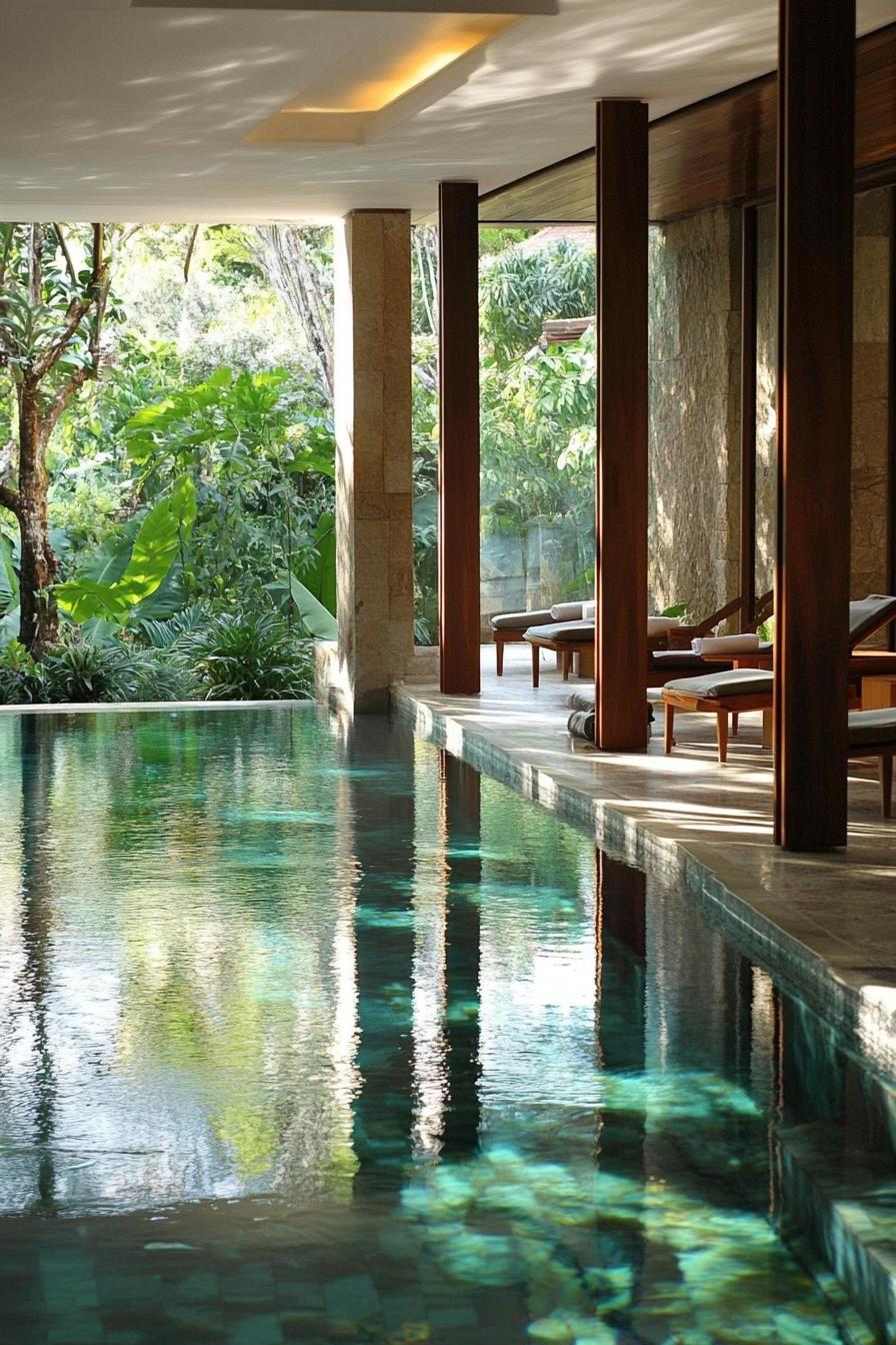 modern home indoor pool with glass walls and door and the pool extending to the outside lush garden outside is visible 2