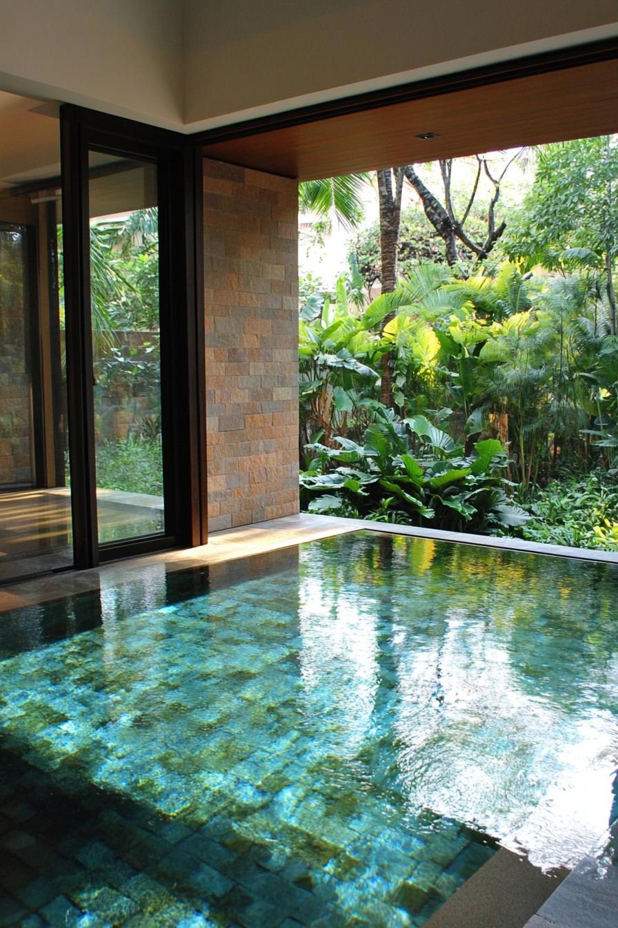 modern home indoor pool with glass walls and door and the pool extending to the outside lush garden outside is visible 3