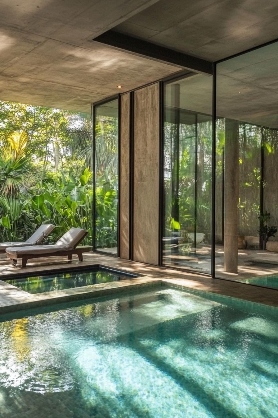 modern home indoor pool with glass walls and door and the pool extending to the outside lush garden outside is visible