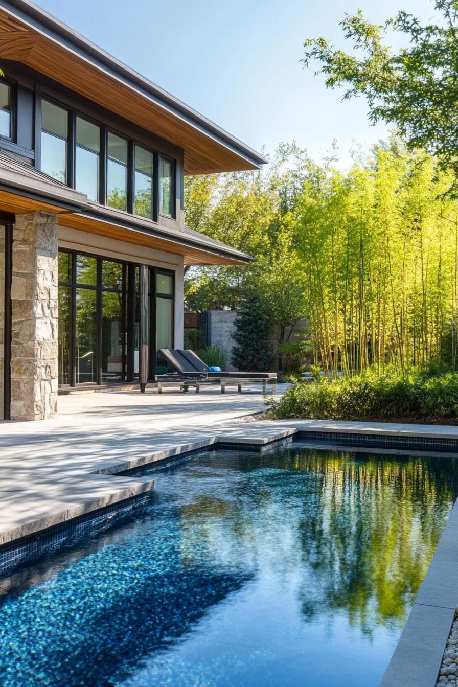 modern house backyard pool landscape with zen bamboo garden 1