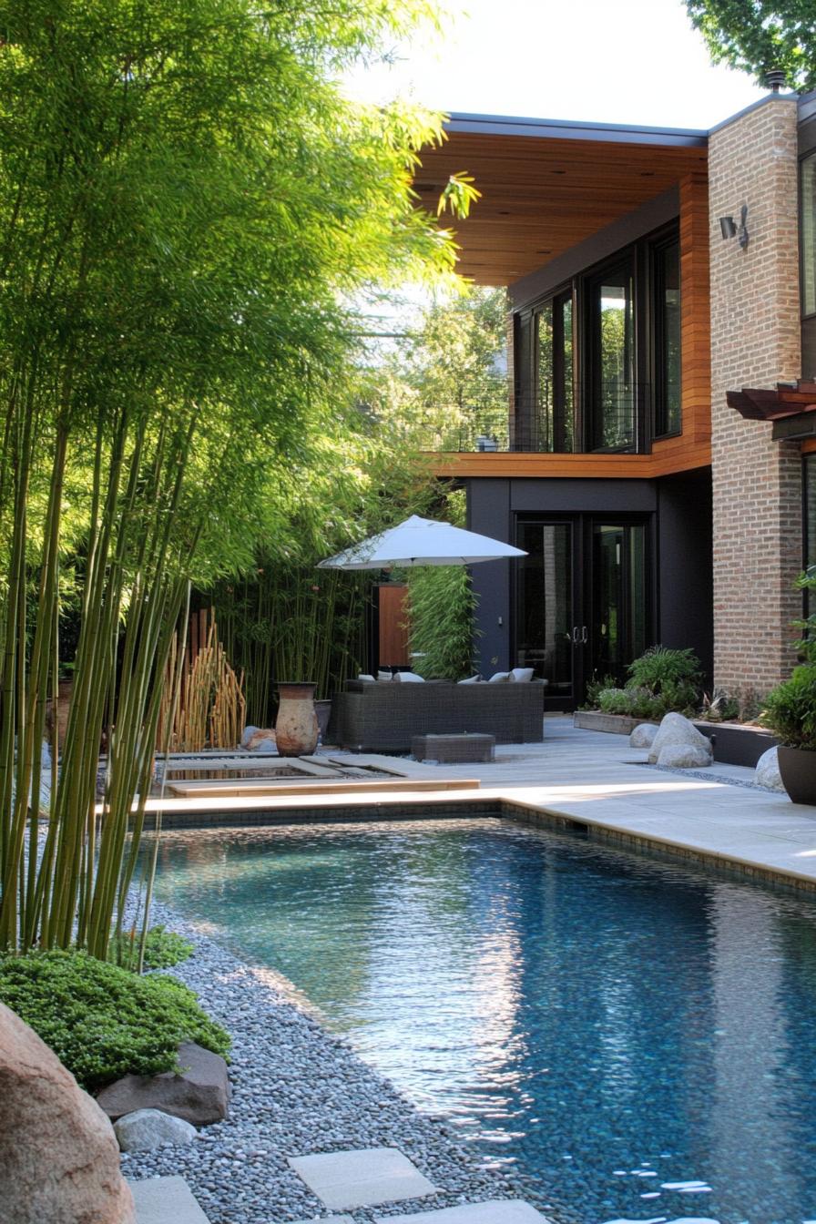 modern house backyard pool landscape with zen bamboo garden 2