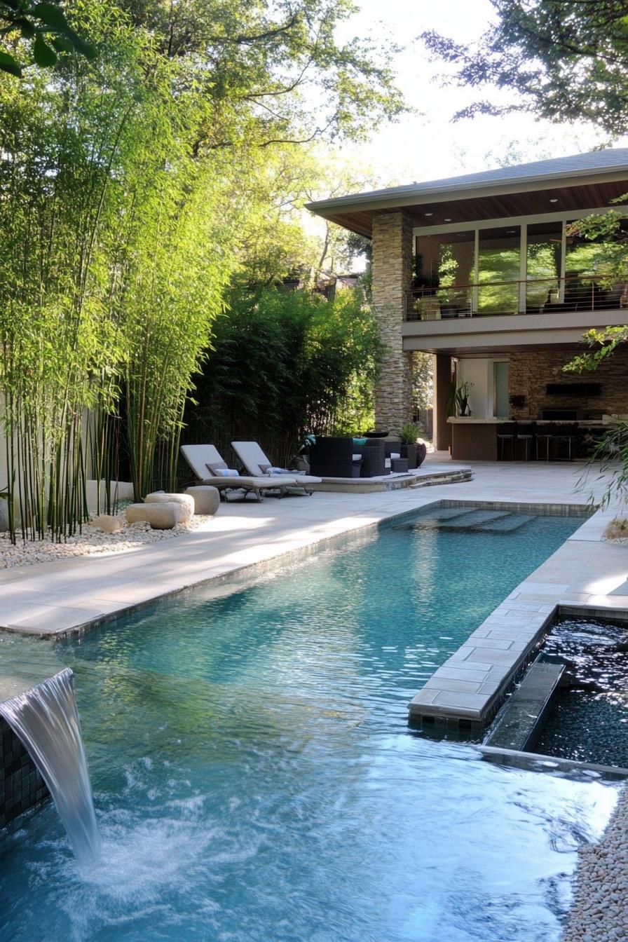 modern house backyard pool landscape with zen bamboo garden