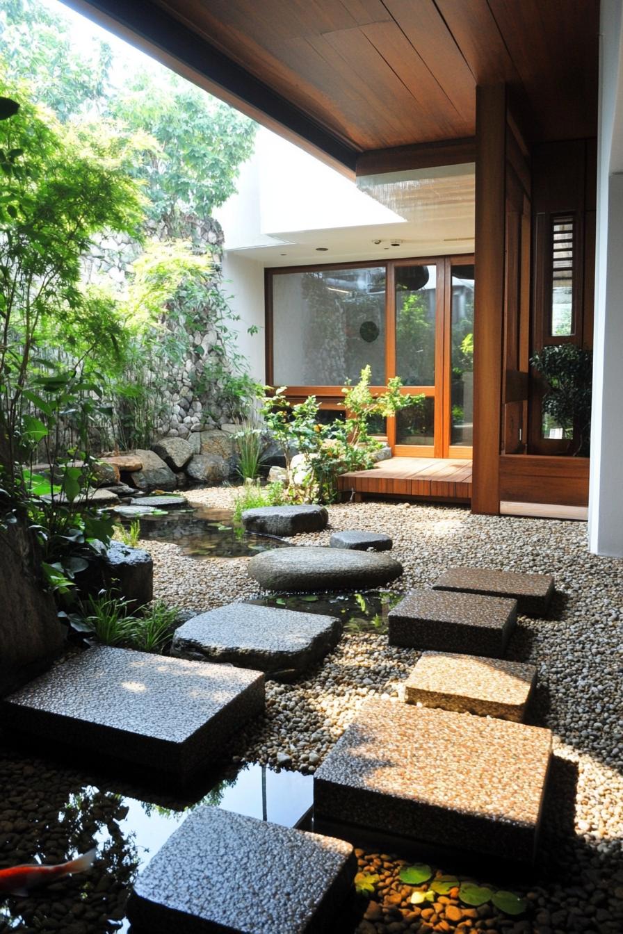 modern house indoor courtyard zen garden with koi pond stepping stones pebbles greenery 1