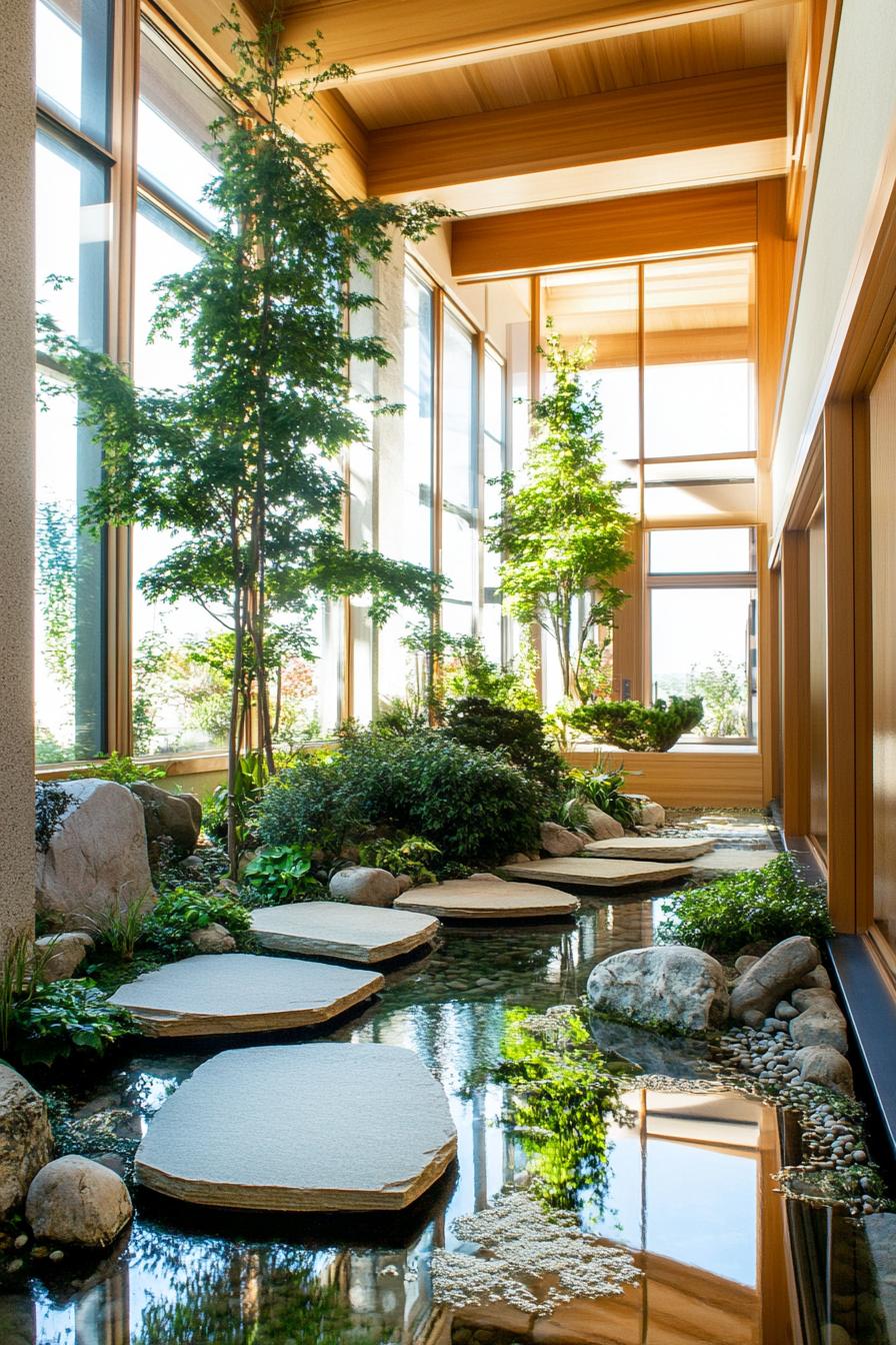 modern house indoor courtyard zen garden with koi pond stepping stones pebbles greenery 2