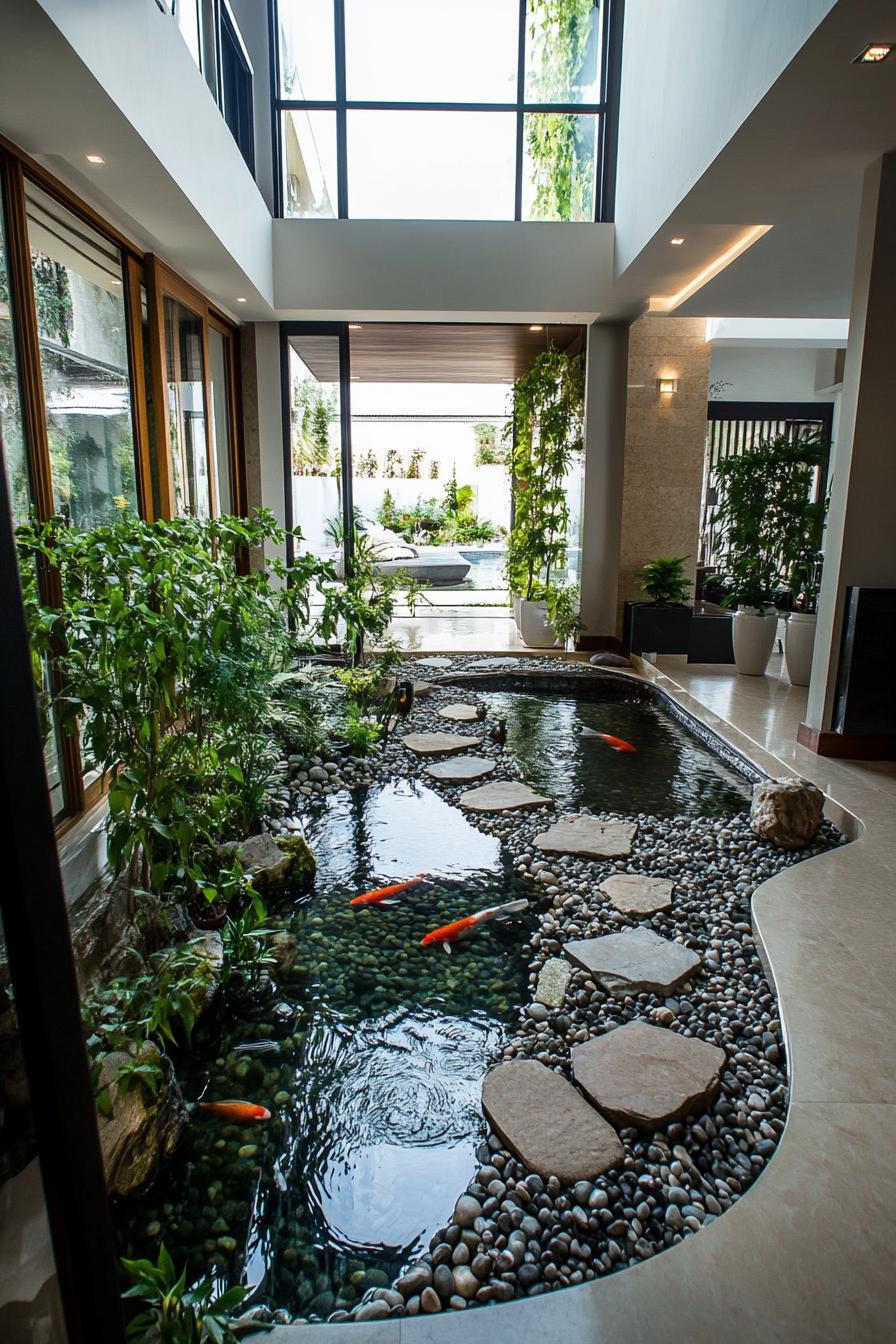 modern house indoor courtyard zen garden with koi pond stepping stones pebbles greenery