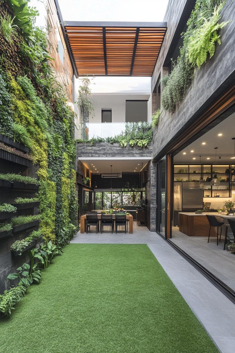 modern house inner courtyard with pergola screen roof and vertical garden wall grass ground veggie beds