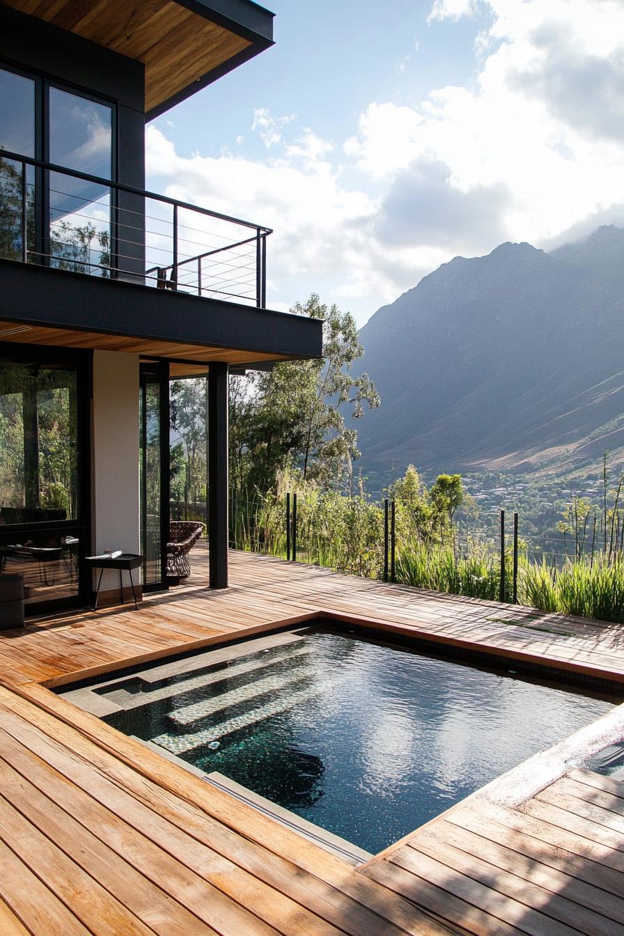 modern house raised deck with small pool mountain views