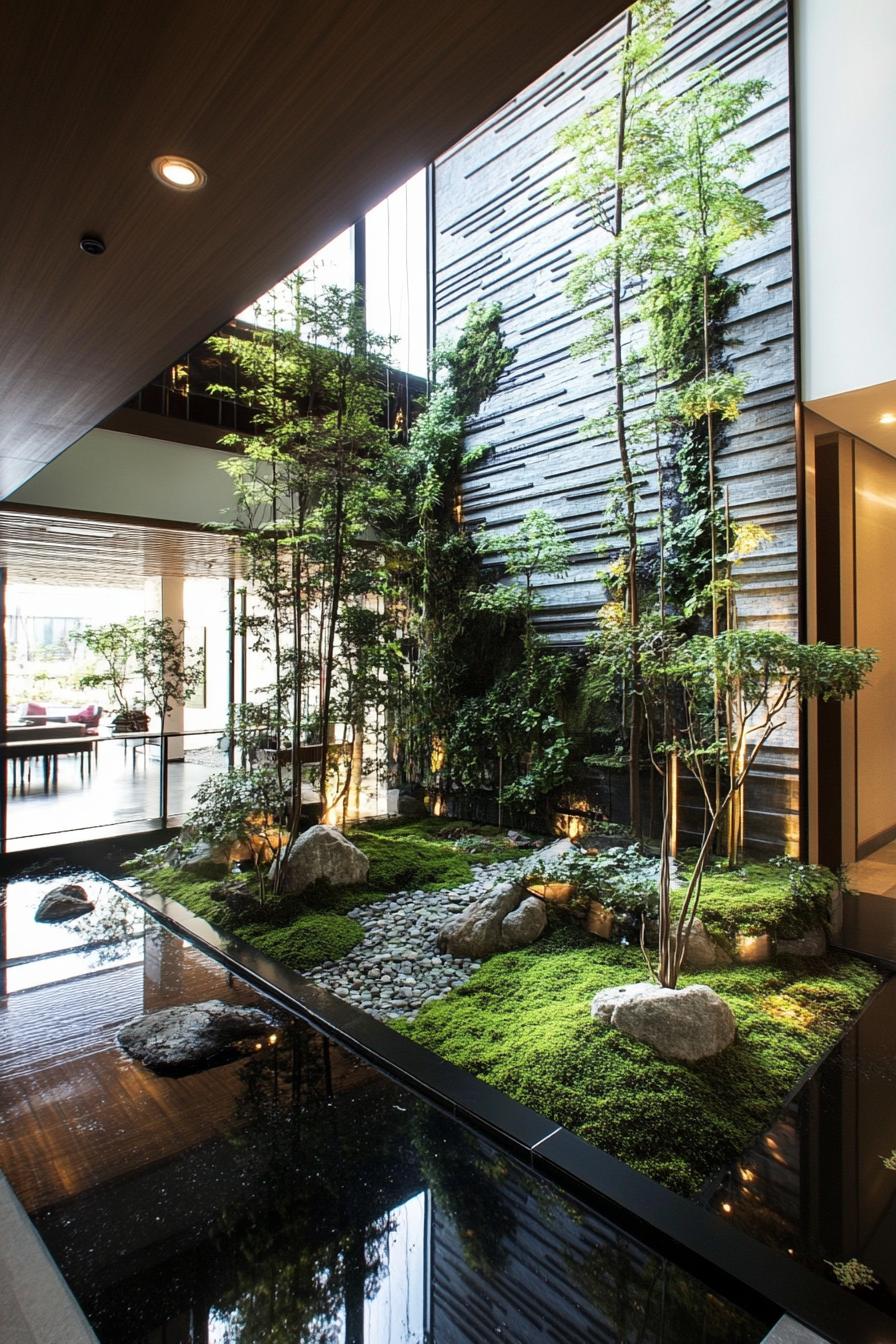 Indoor courtyard with lush greenery and a tranquil pond