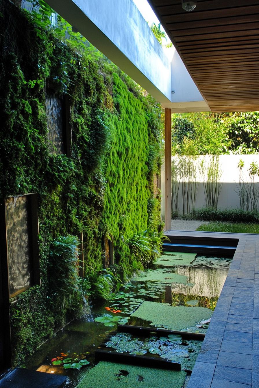 Lush moss-covered wall beside tranquil water feature