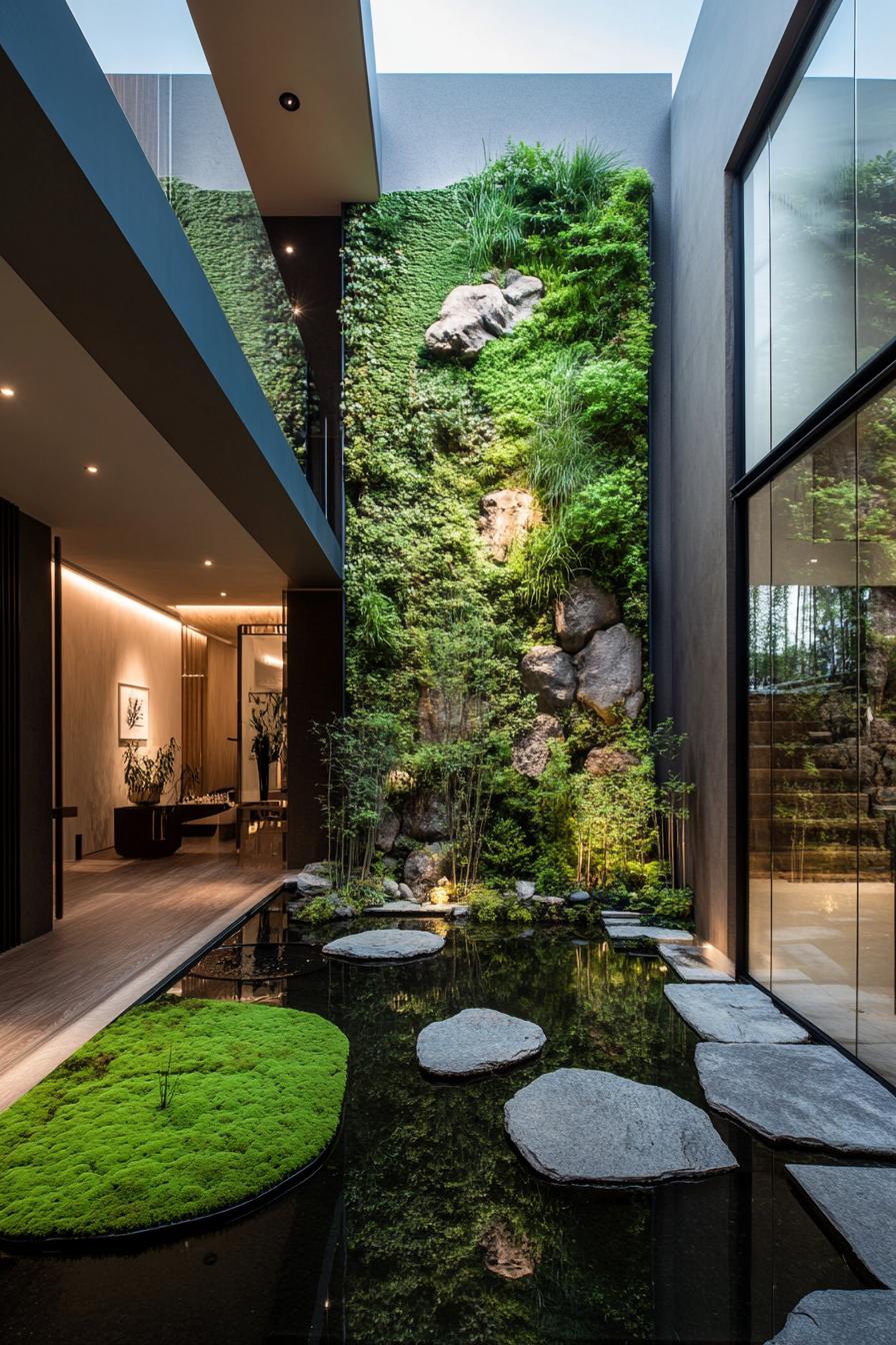 modern japanese house secluded inner courtyard with zen garden vertical garden wall with moss small pond