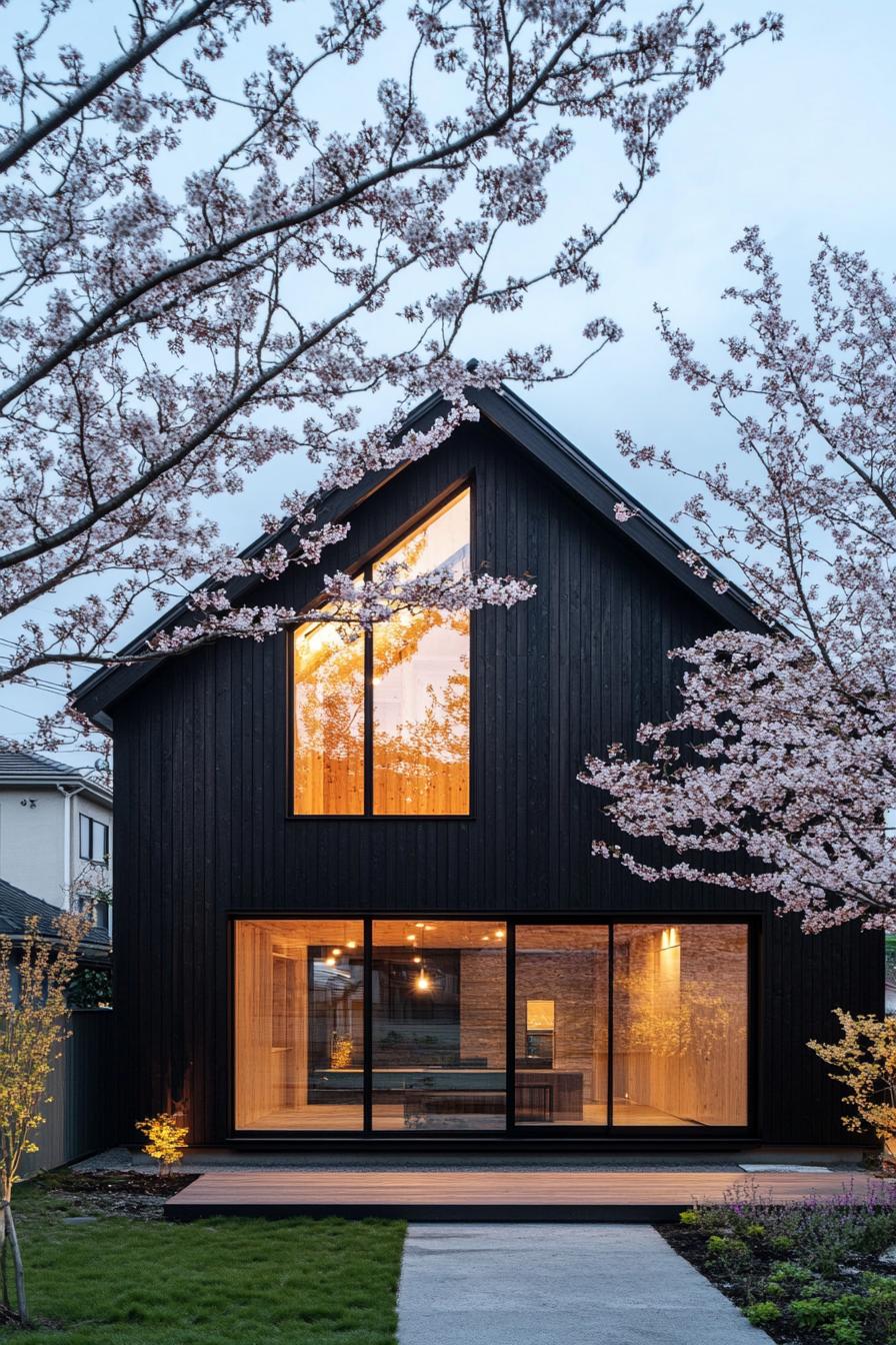 modern japanese style timber frame house facade with charred black wood Siding front yard with blossoming cherry trees 1