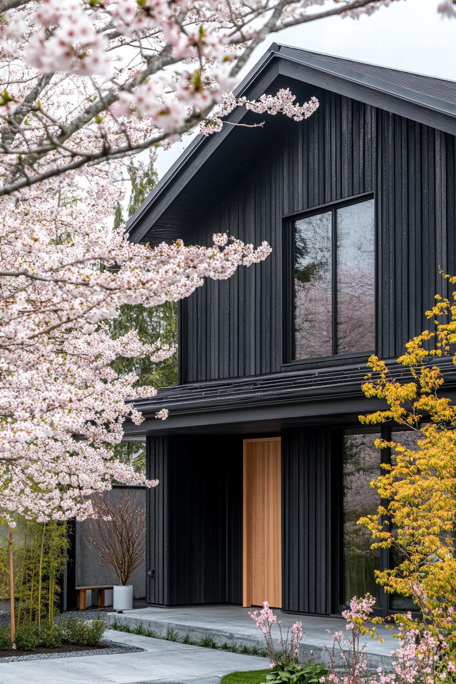 modern japanese style timber frame house facade with charred black wood Siding front yard with blossoming cherry trees 2