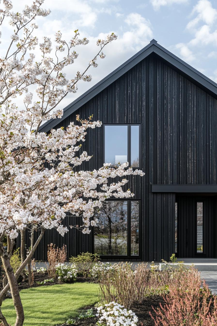 modern japanese style timber frame house facade with charred black wood Siding front yard with blossoming cherry trees 3