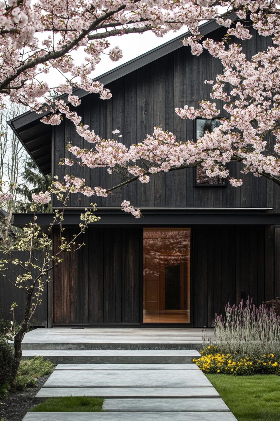 modern japanese style timber frame house facade with charred black wood Siding front yard with blossoming cherry trees