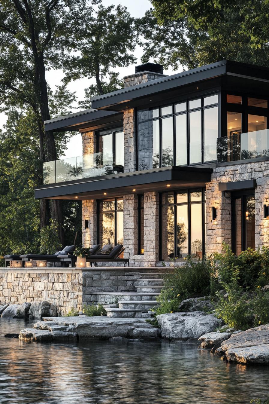 modern lakefront cottage with stone siding large modern windows stone terrace right on the lake surrounded by trees 1