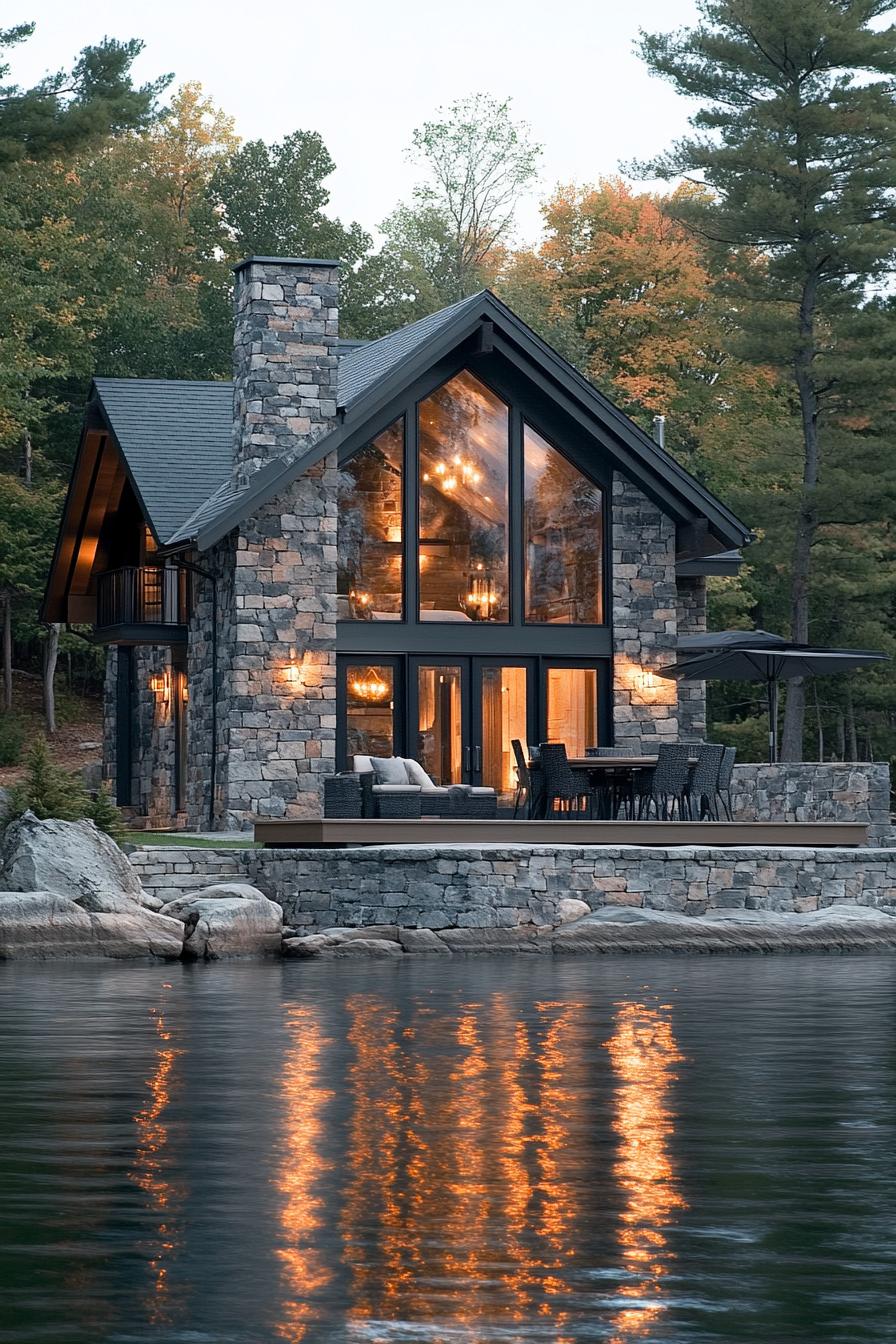 modern lakefront cottage with stone siding large modern windows stone terrace right on the lake surrounded by trees 2