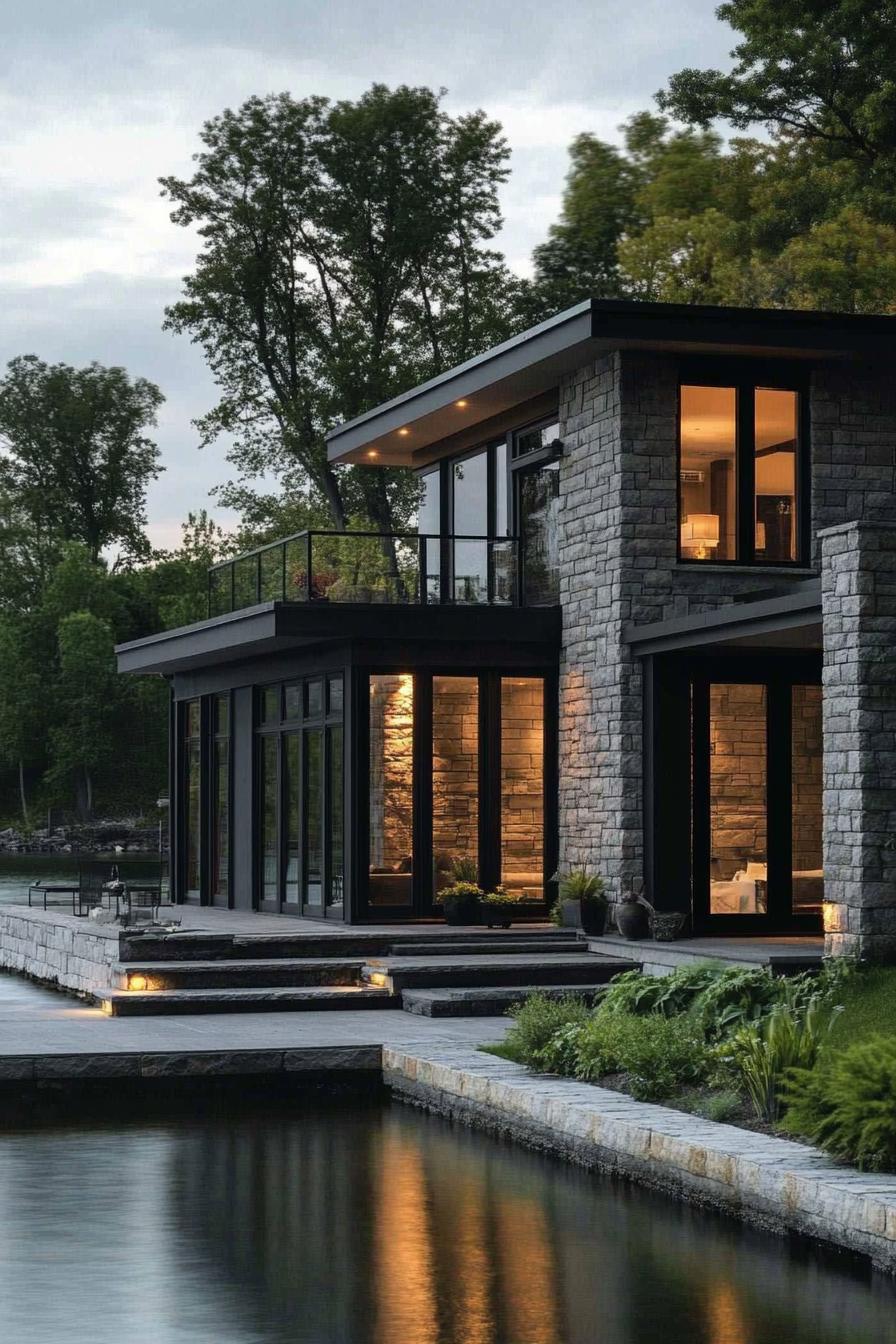 modern lakefront cottage with stone siding large modern windows stone terrace right on the lake surrounded by trees 3