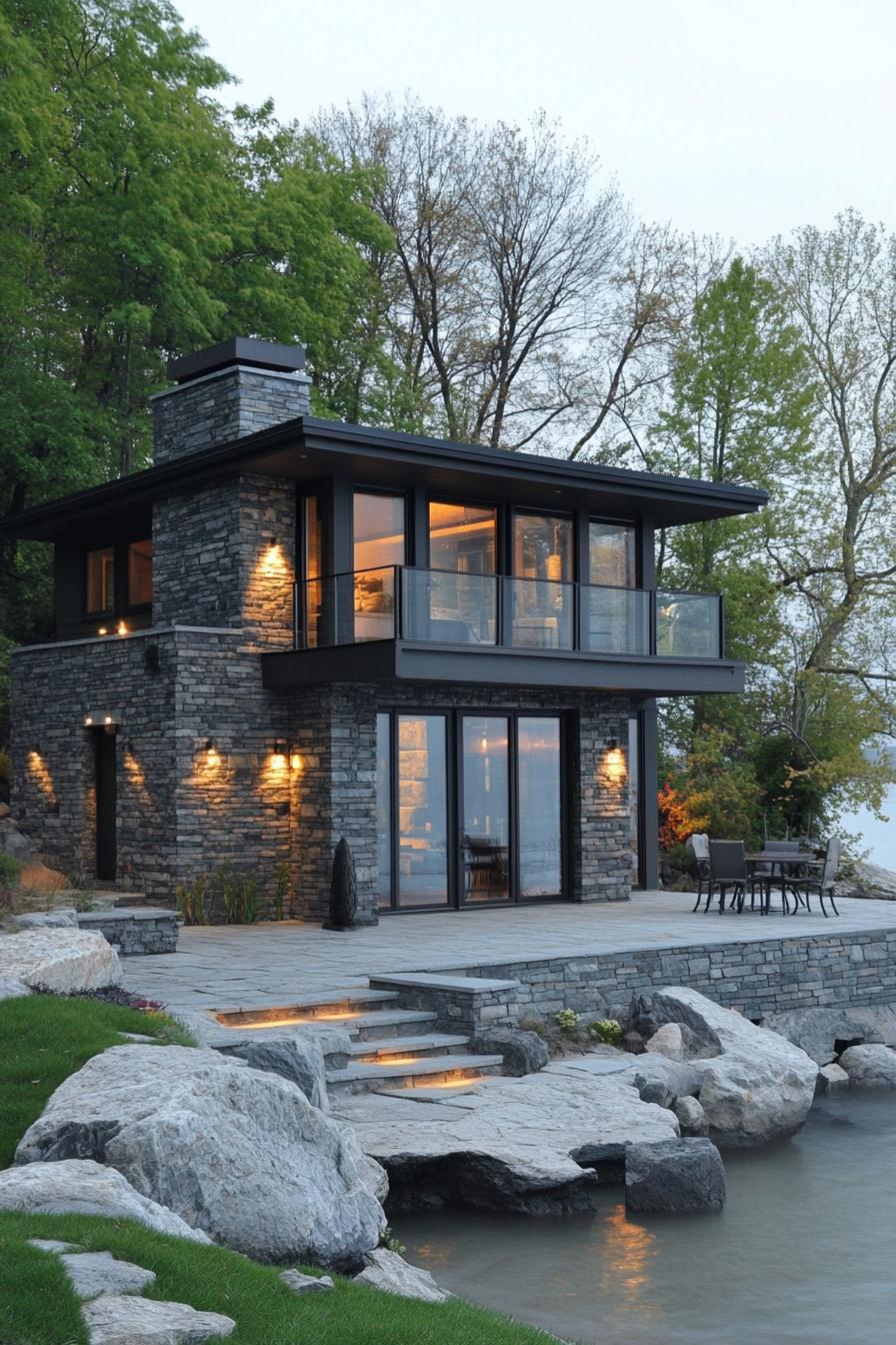 modern lakefront cottage with stone siding large modern windows stone terrace right on the lake surrounded by trees