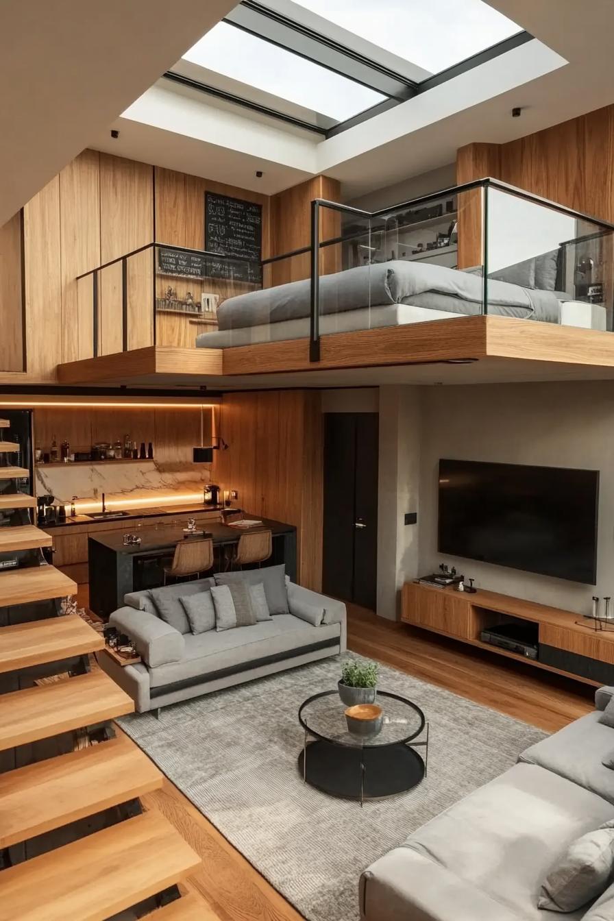 modern lofted apartment with wooden stairs leading to the lofted bedroom with grey modern double bed work desk large window in black trim 1