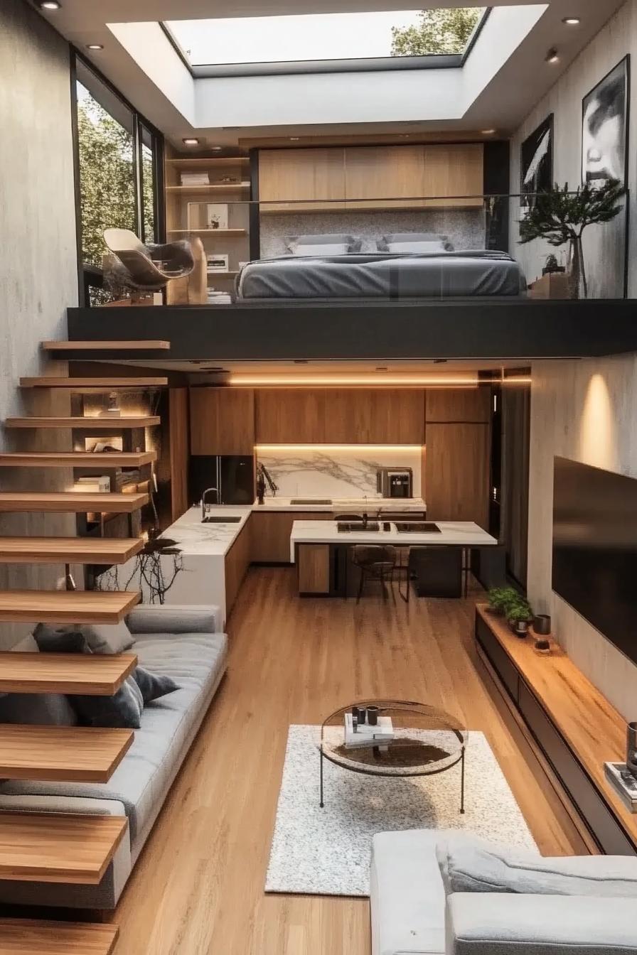 modern lofted apartment with wooden stairs leading to the lofted bedroom with grey modern double bed work desk large window in black trim 2