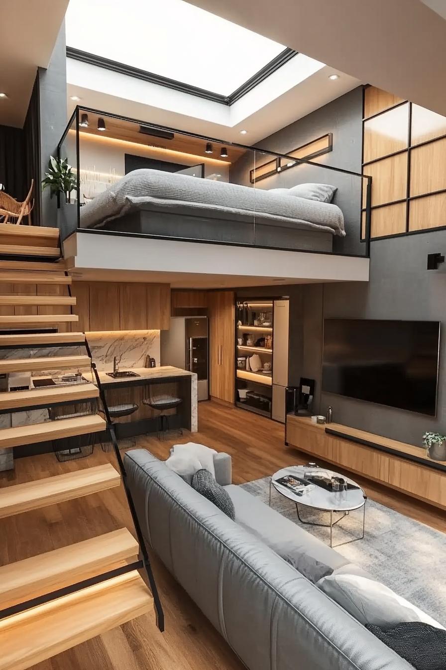 modern lofted apartment with wooden stairs leading to the lofted bedroom with grey modern double bed work desk large window in black trim