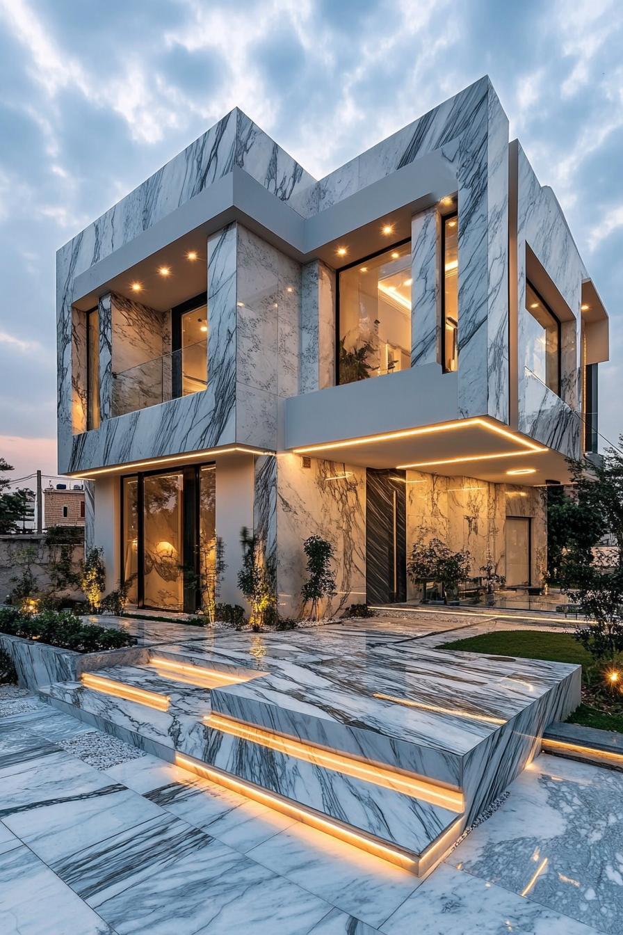 modern luxury house geometric mixed color marble and granite facade roof terrace marble yard with plant beds and trees LED lighting 2