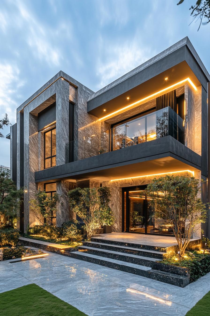 modern luxury house geometric mixed color marble and granite facade roof terrace marble yard with plant beds and trees LED lighting 3