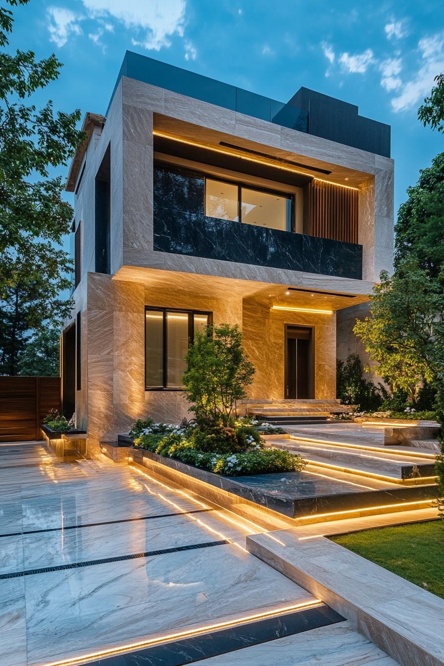 modern luxury house geometric mixed color marble and granite facade roof terrace marble yard with plant beds and trees LED lighting