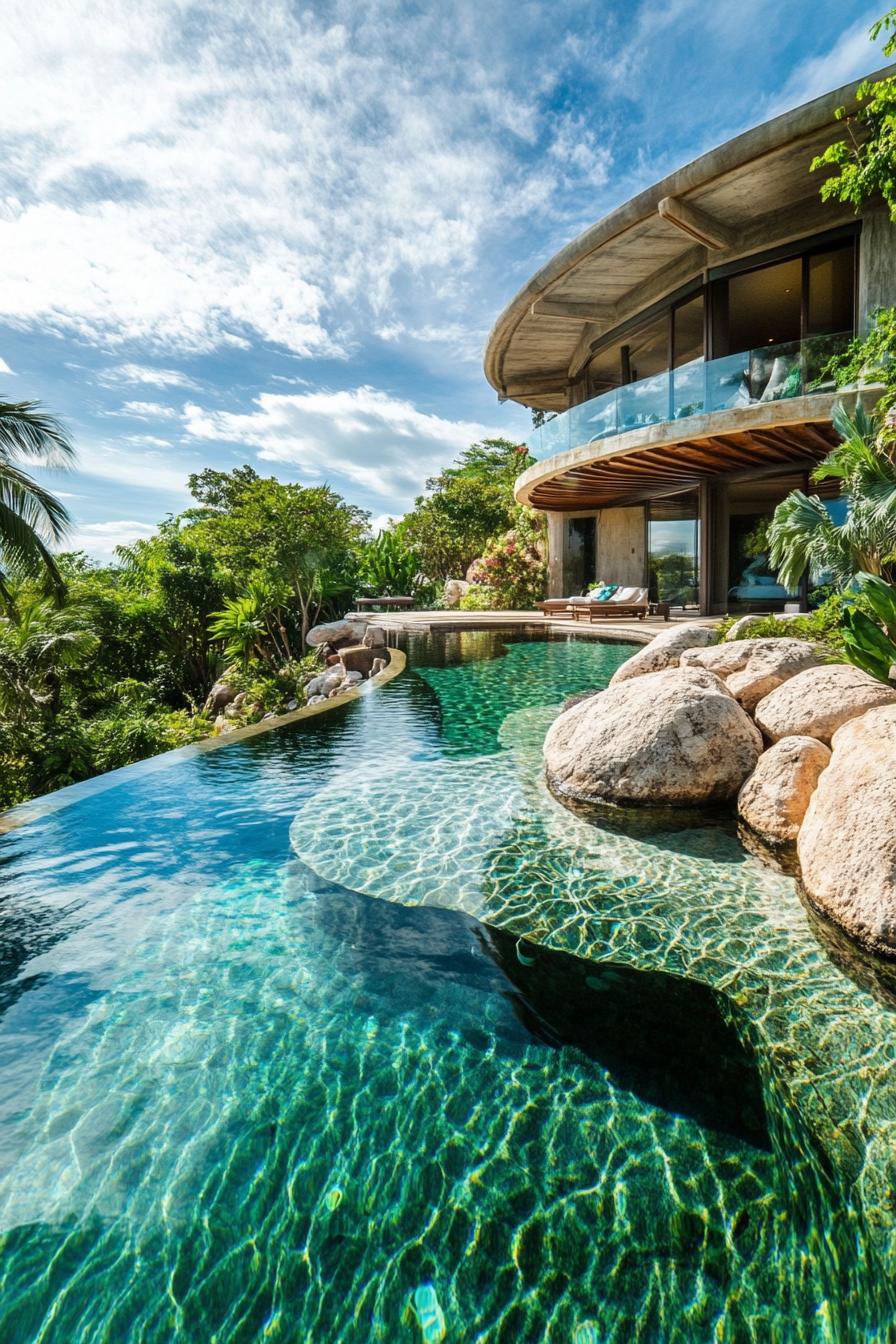 modern luxury mansion with a surved pool bordered partially with boulders tropical garden around 1