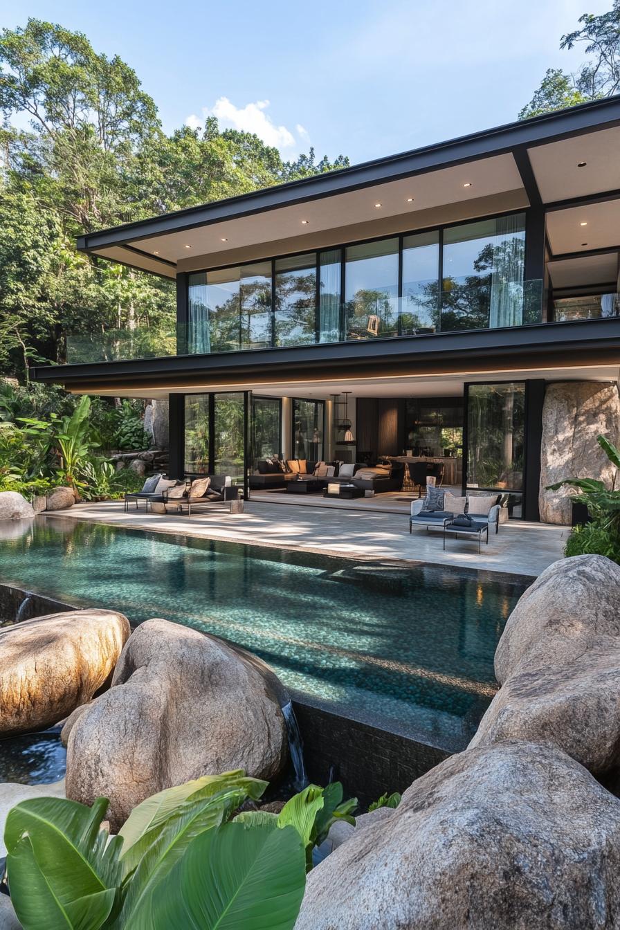 modern luxury mansion with a surved pool bordered partially with boulders tropical garden around 2