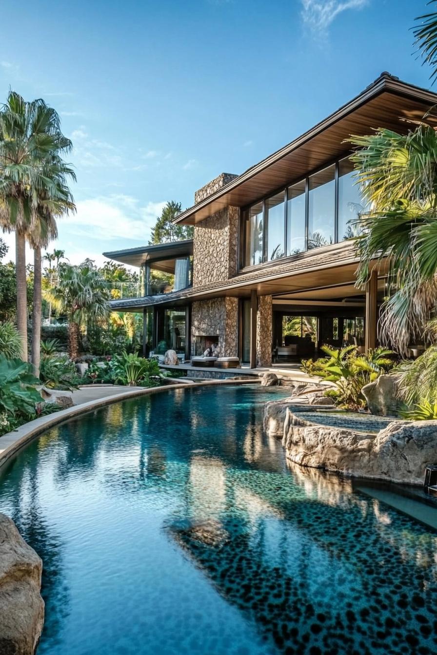 modern luxury mansion with a surved pool bordered partially with boulders tropical garden around 3