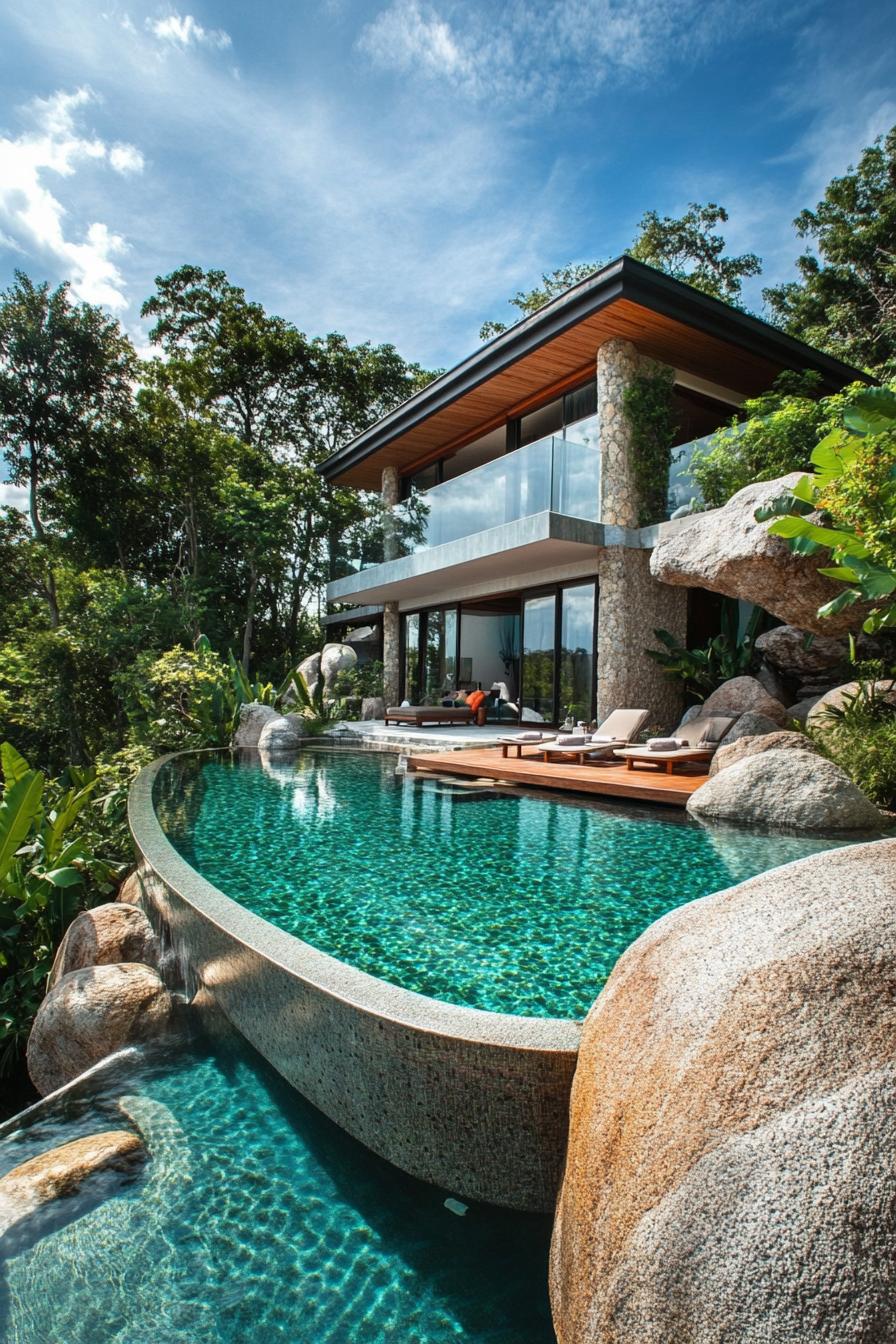 modern luxury mansion with a surved pool bordered partially with boulders tropical garden around