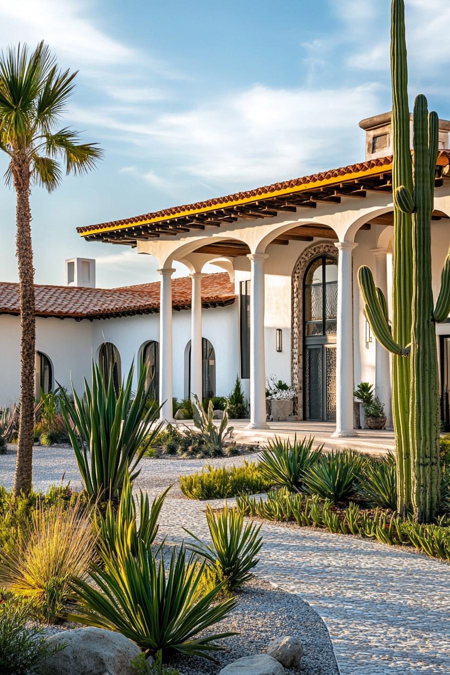 modern mexican hacienda with octogonal front facade columns white stucco large porch landscape with tall palms and cacti 1