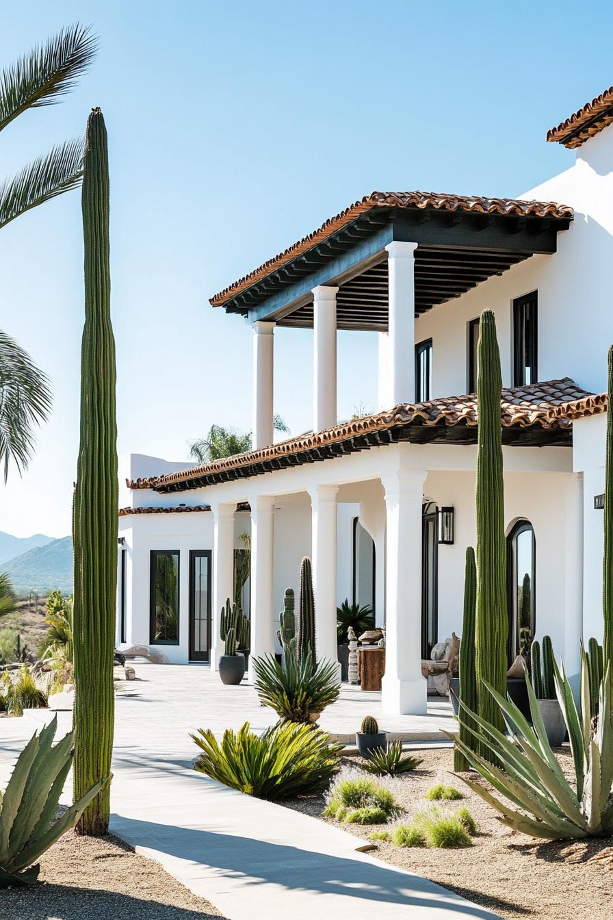 modern mexican hacienda with octogonal front facade columns white stucco large porch landscape with tall palms and cacti 2