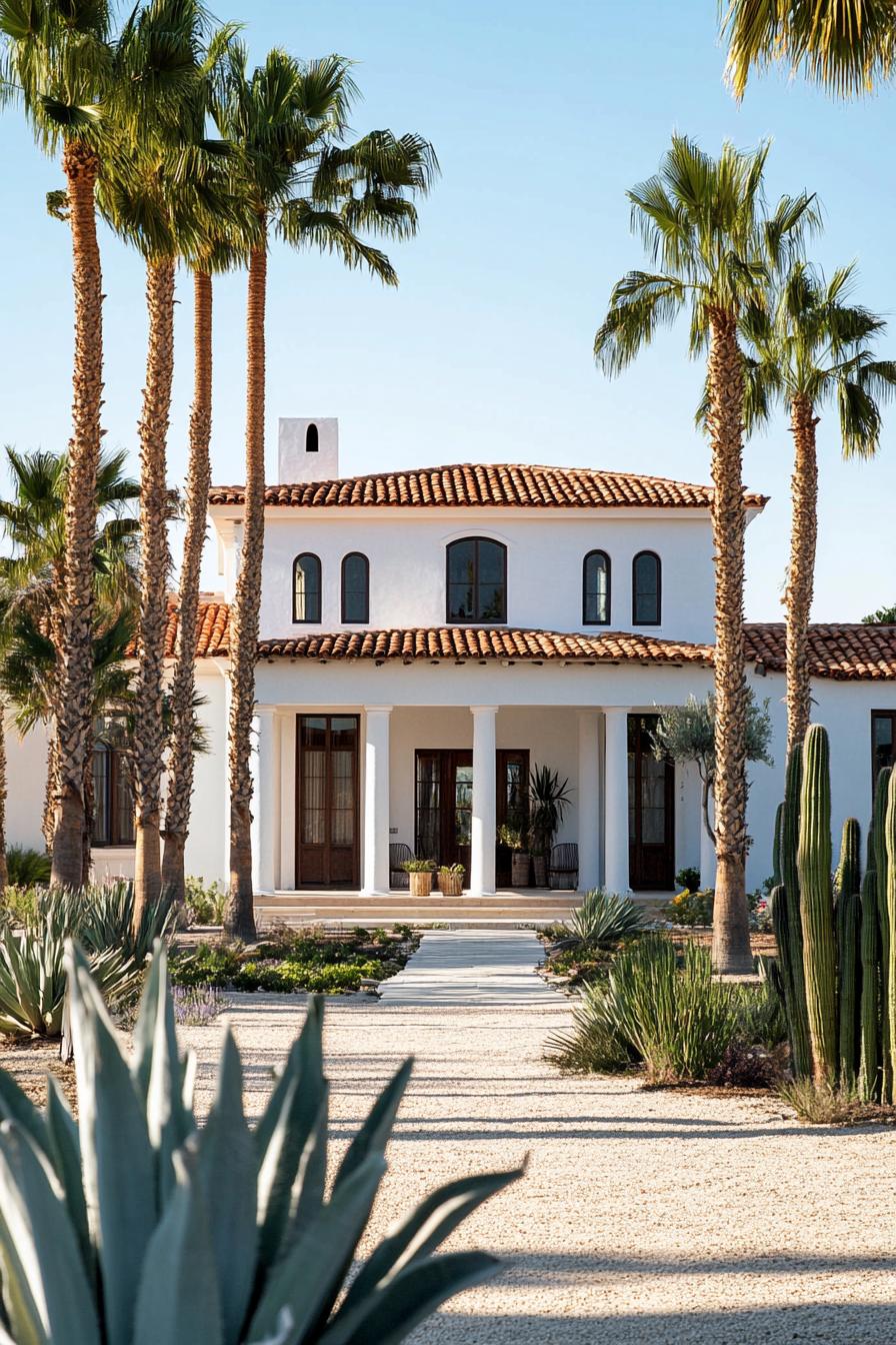 modern mexican hacienda with octogonal front facade columns white stucco large porch landscape with tall palms and cacti