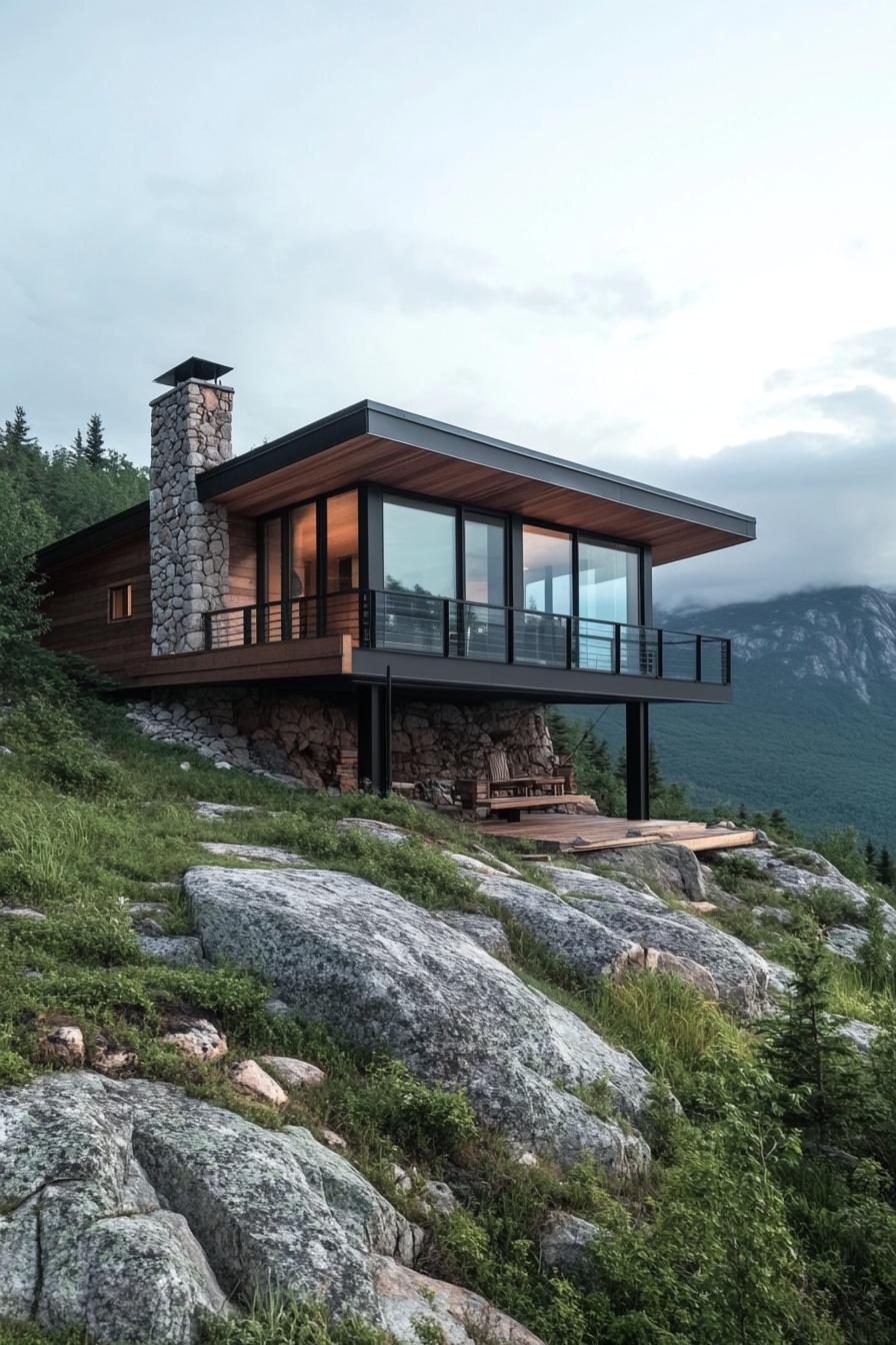 modern moutnain cottage on a steep hill it has a large wooden porch cantilevered on the edge with metal railings v 6.1