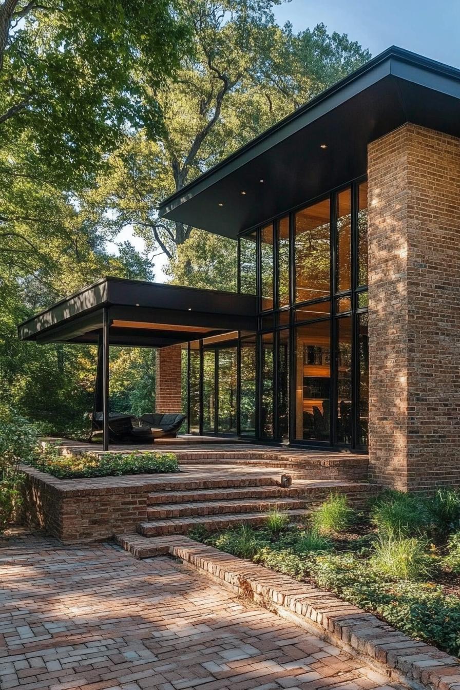 modern natural brick house with brick porch