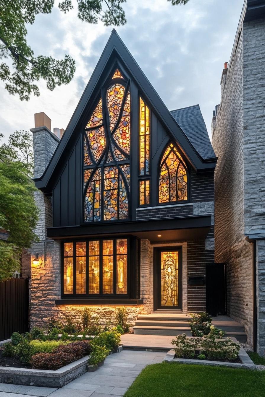 modern neo Victorian style house facade with modern stained glass patterns 1