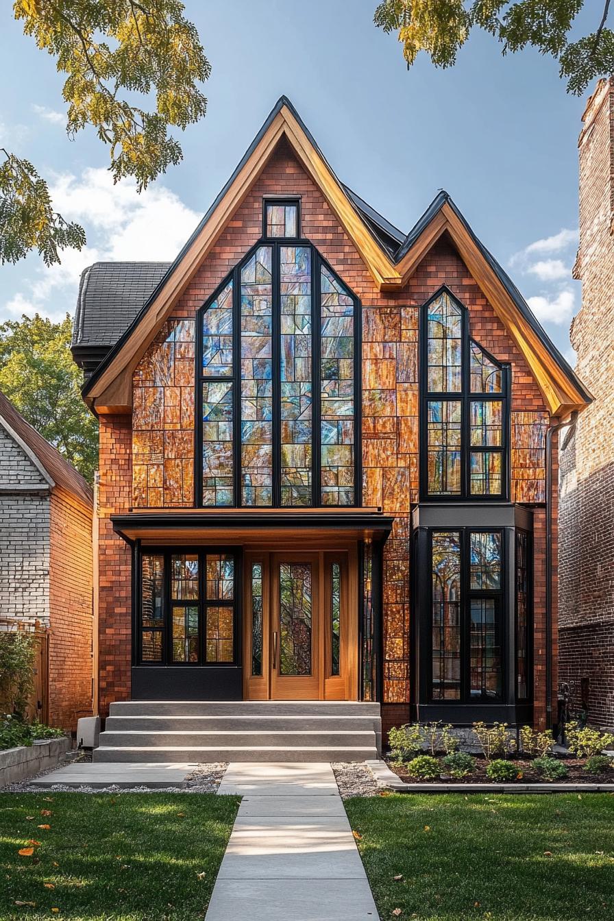 modern neo Victorian style house facade with modern stained glass patterns 2