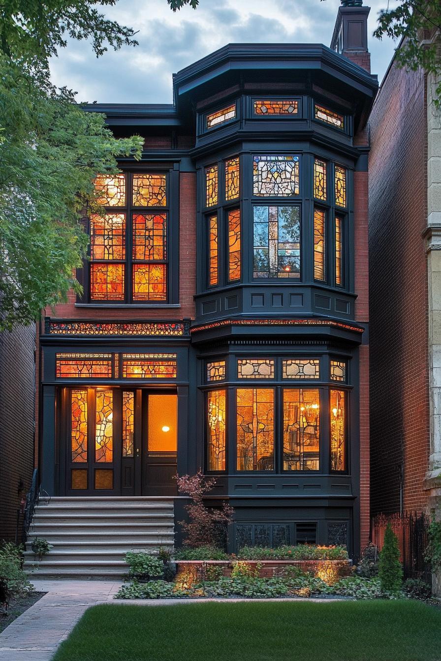 modern neo Victorian style house facade with modern stained glass patterns 3